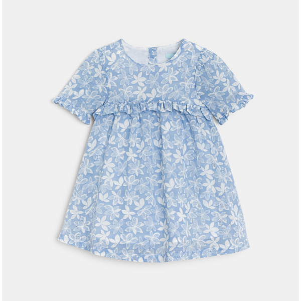 فستان قطن وكتان زهري أزرق اللون للفتيات الرضع 